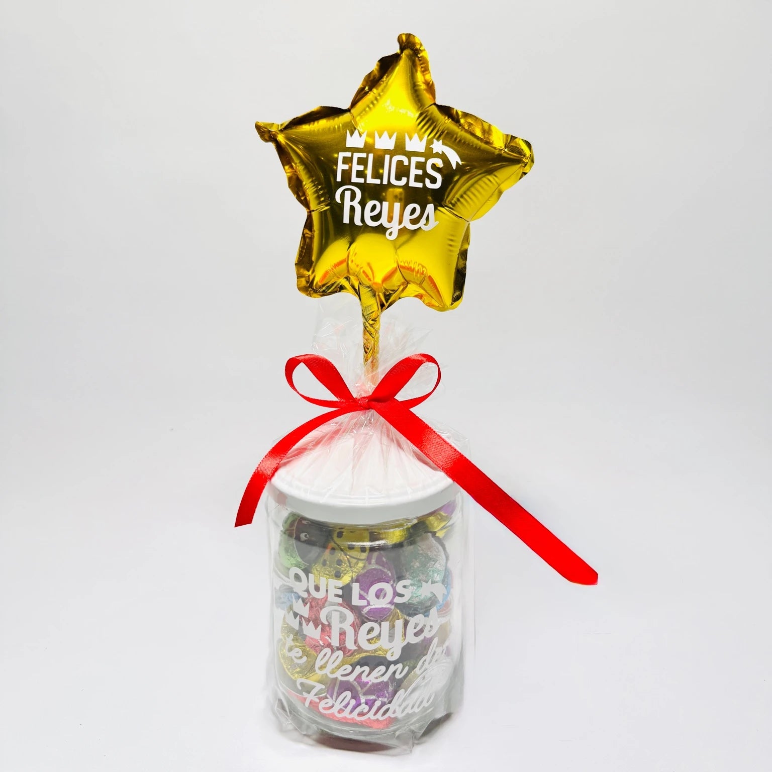 Bote de bombones con globo “Felices Reyes”