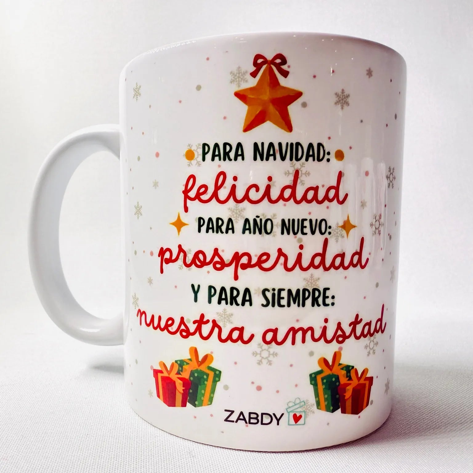 Taza Navideña Mensaje Felicidad, Prosperidad y Amistad