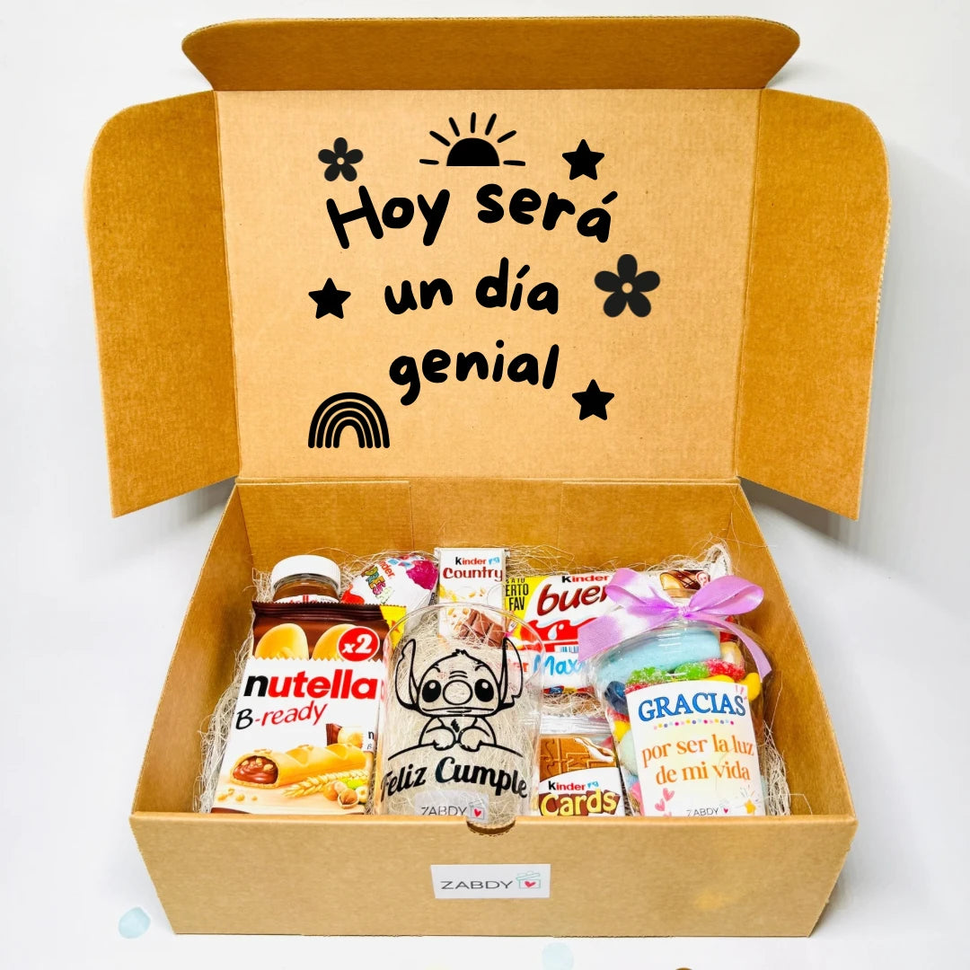 Caja de Regalo “Hoy Será un Día Genial” – Chocolatinas Kinder, Nutella y Vasos Personalizados