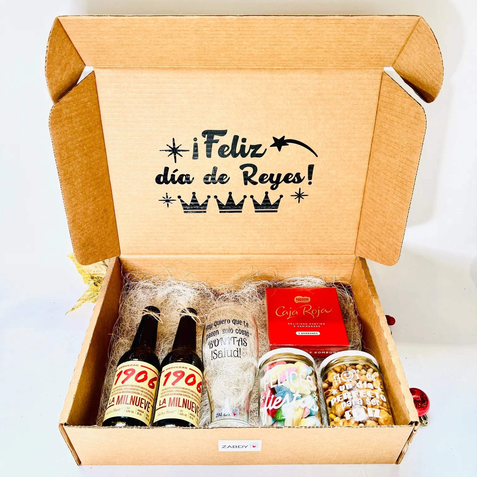 Caja Regalo Día de Reyes – Pack Gourmet Personalizado con Cerveza, Dulces y Frase Especial