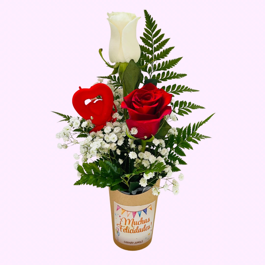 Mini Composición con 2 Rosas Premium – Detalle Especial “Muchas Felicidades”