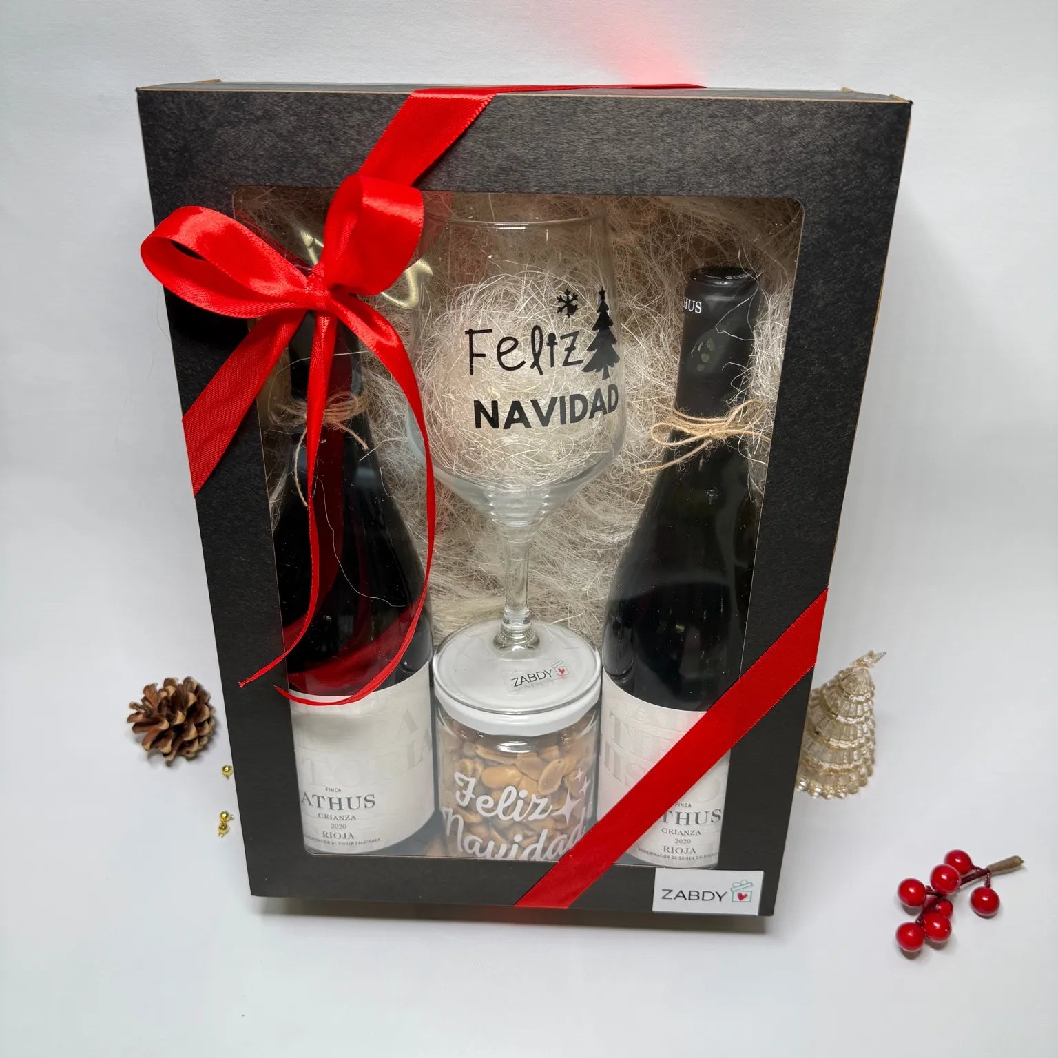 Caja Regalo Navidad con 2 Vinos Crianza + Copa Personalizada “Feliz Navidad” + Snack Gourmet