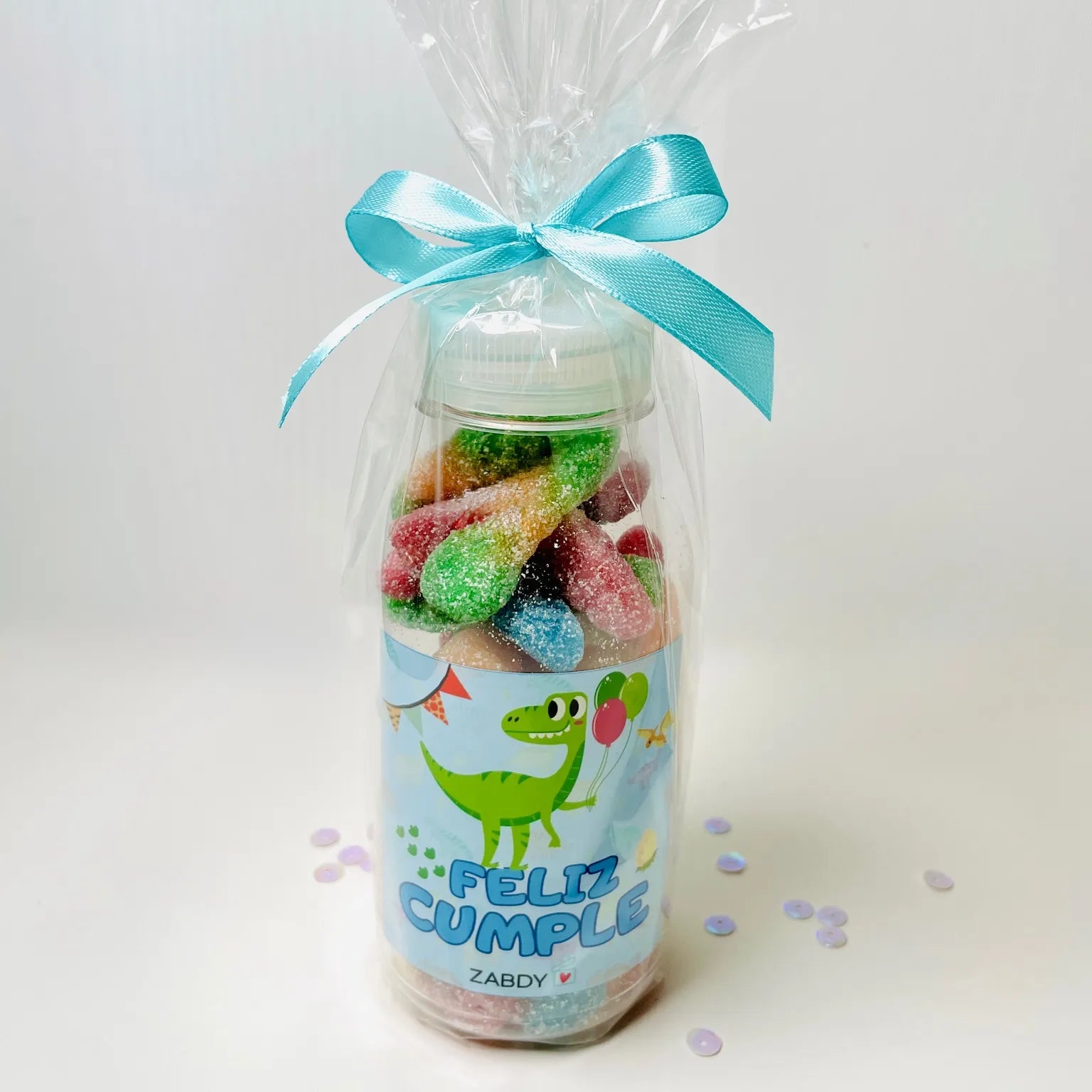 Botella de Gominolas y Nubes con Etiqueta “Feliz Cumple” Dinosaurio