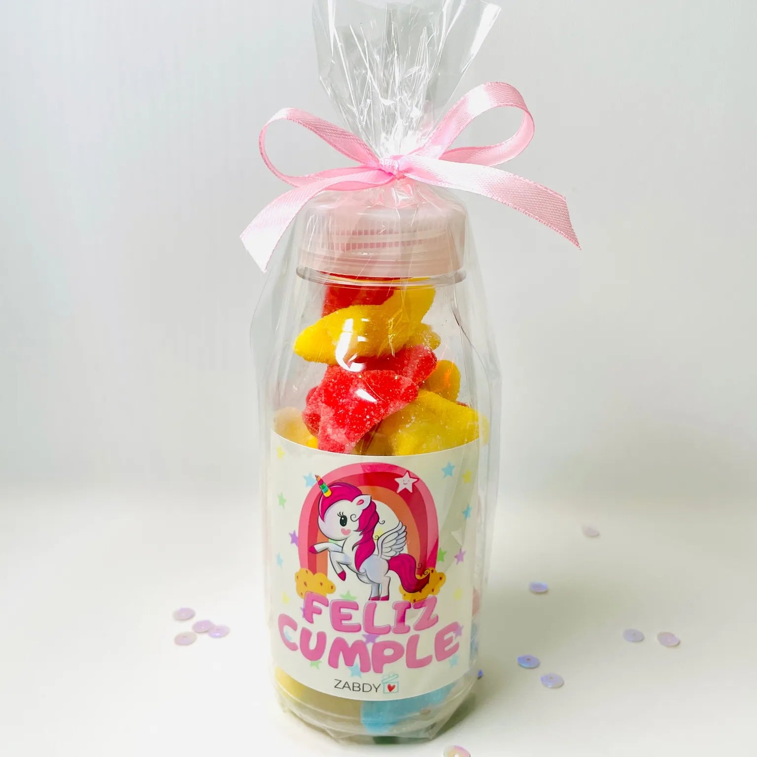 Botella de Gominolas “Feliz Cumple” Unicornio – Detalle Dulce Infantil Envuelta para Regalo