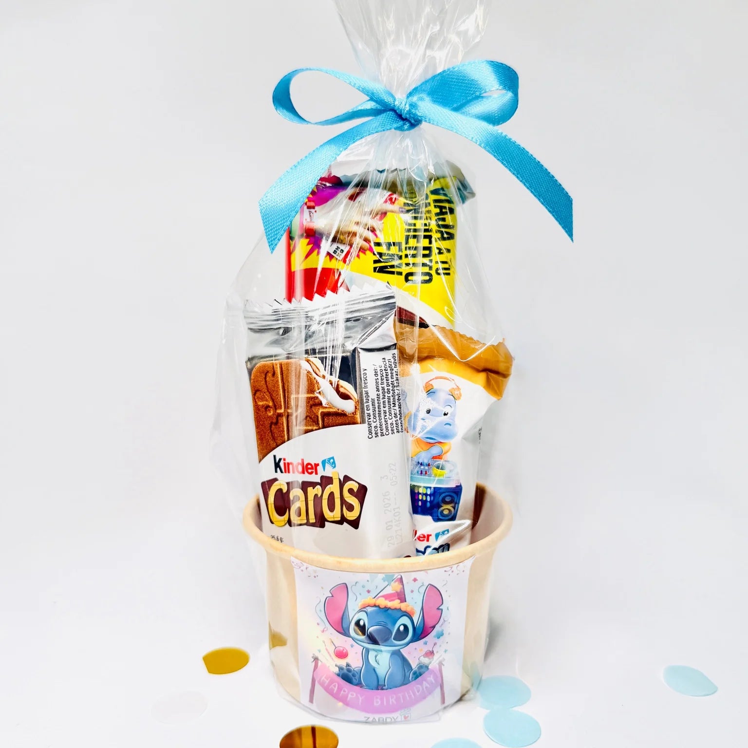 Mini Tarro “Feliz Cumpleaños Stitch” – Sorpresa Dulce con Kinder