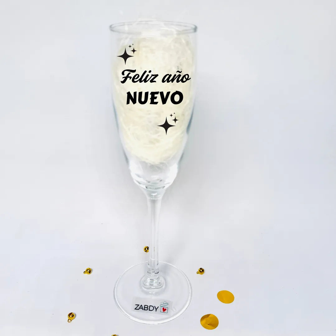 Copa de Cava “Feliz Año Nuevo” Pintada a Mano – Detalle Elegante para Celebrar