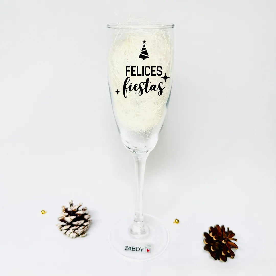 Copa de Cava “Felices Fiestas” Pintada a Mano – Un Brindis con Magia