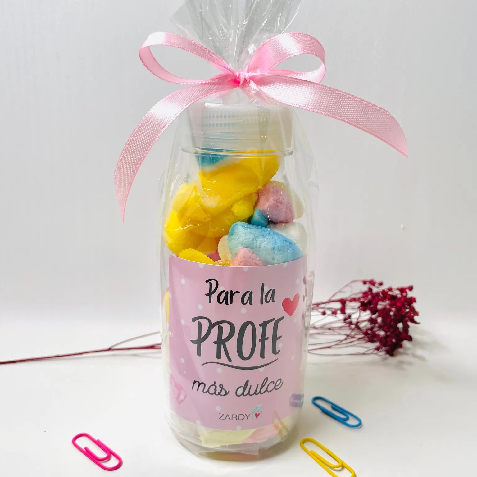 Botella con gominolas y nubes para profesora – Regalo dulce y original