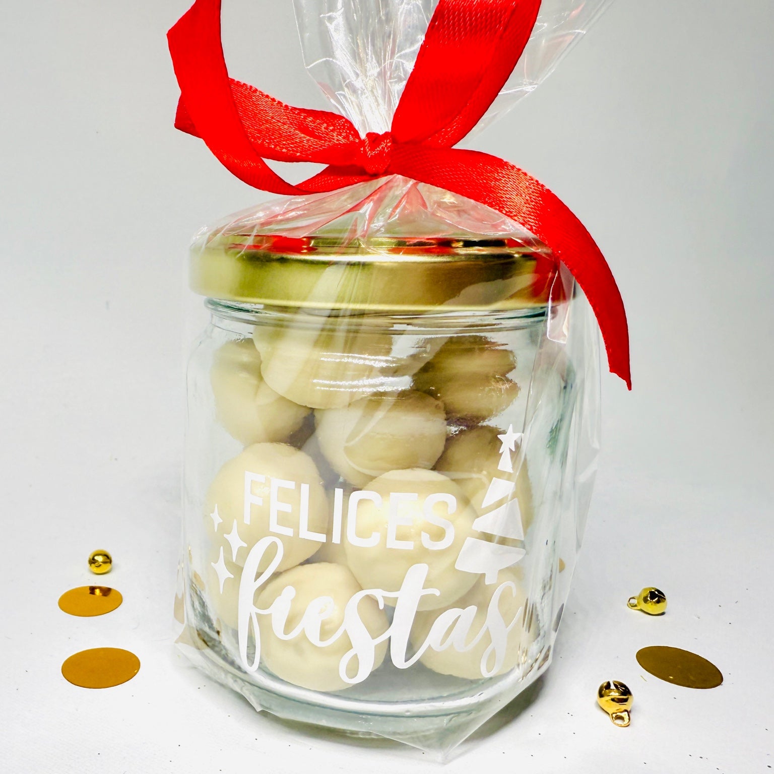 Bote de Bolas de Chocolate Blanco “Felices Fiestas”