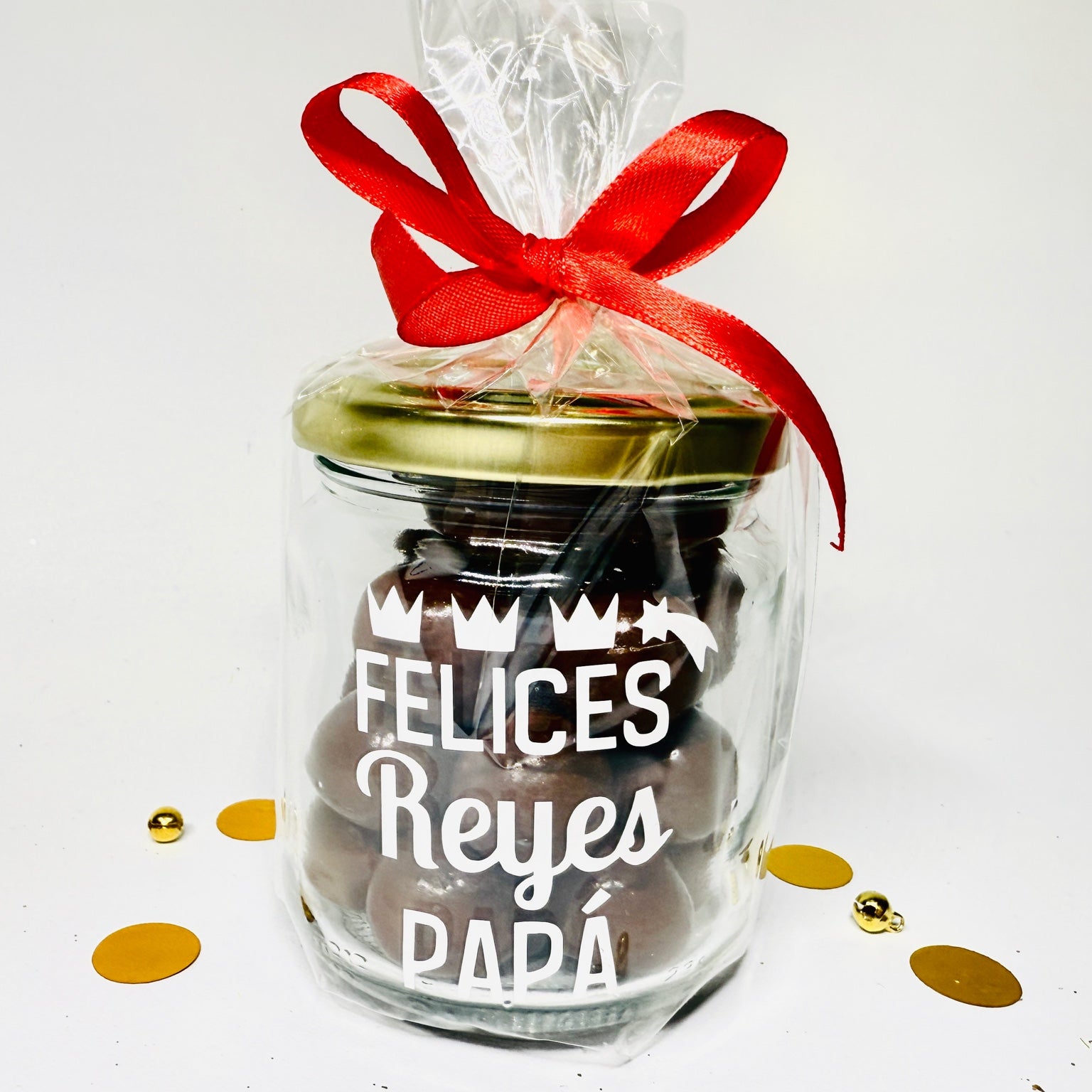 Bote de Bolas de Chocolate Negro “Felices Reyes Papá”