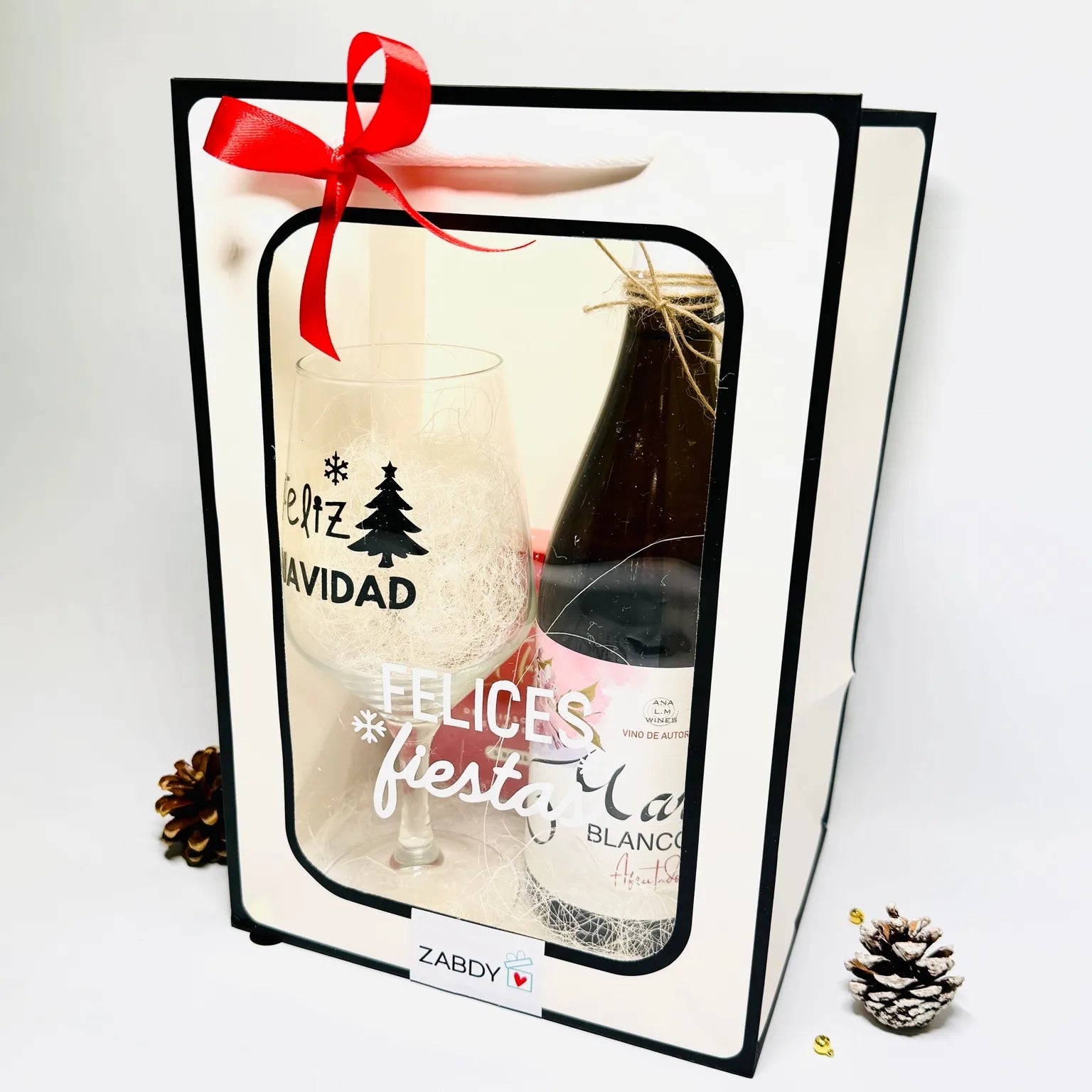 Bolsa Regalo Navidad con Copa Personalizada y Vino – Detalle Elegante para Fiestas