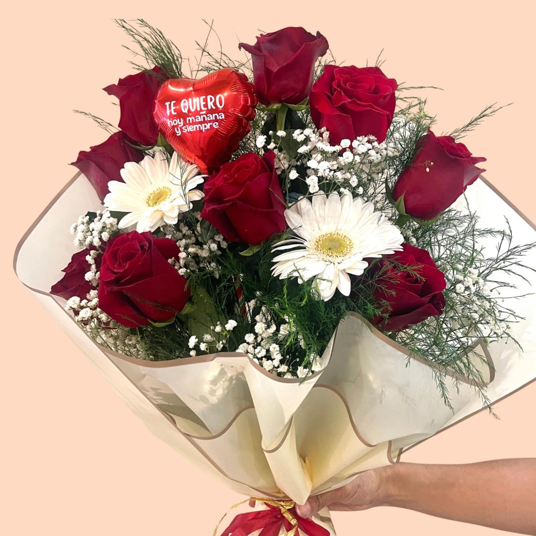 Ramo de 9 Rosas Premium con Gerberas y Mini Globo – Regalo Romántico y Especial