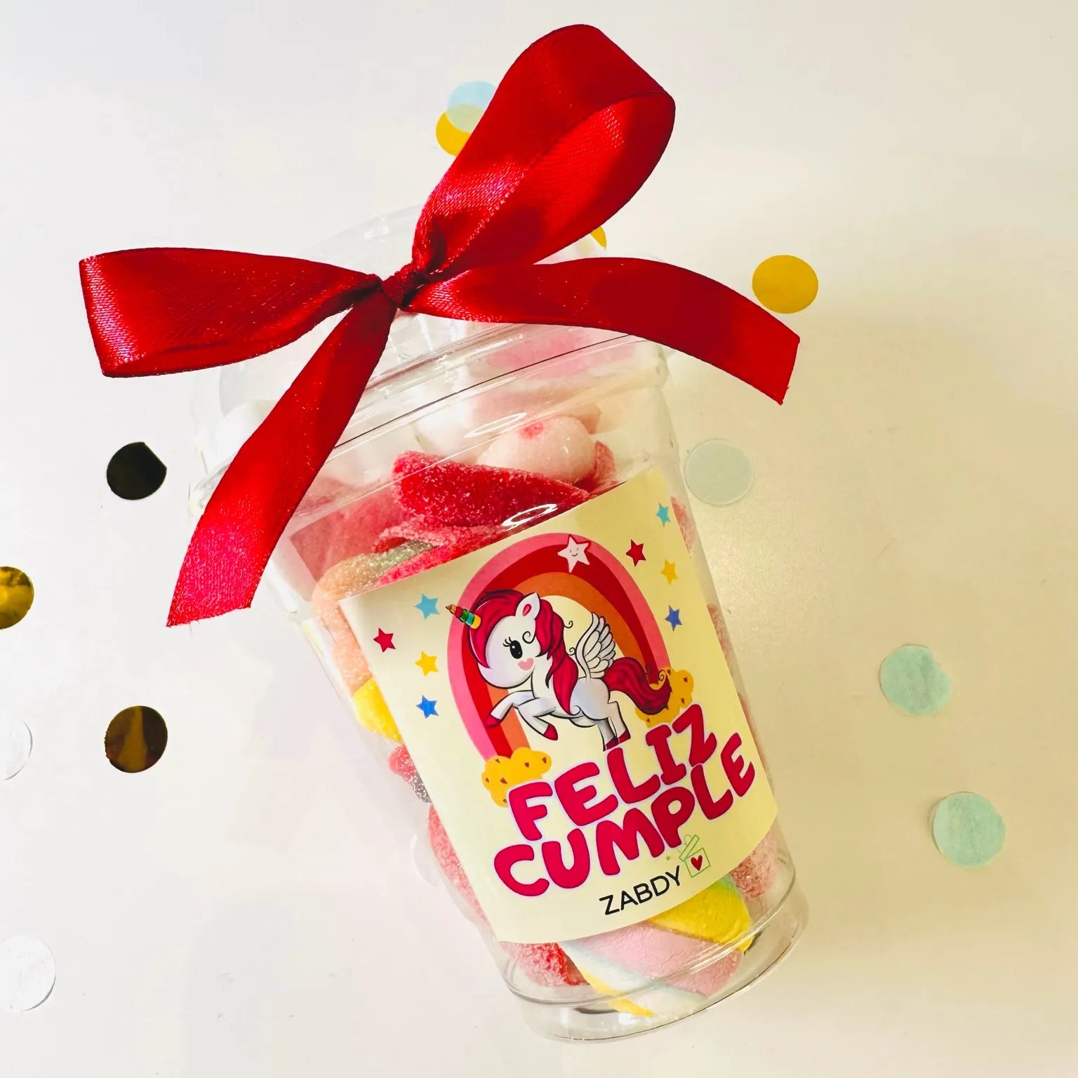 Vaso de Gominolas y Nubes “Feliz Cumple” Unicornio