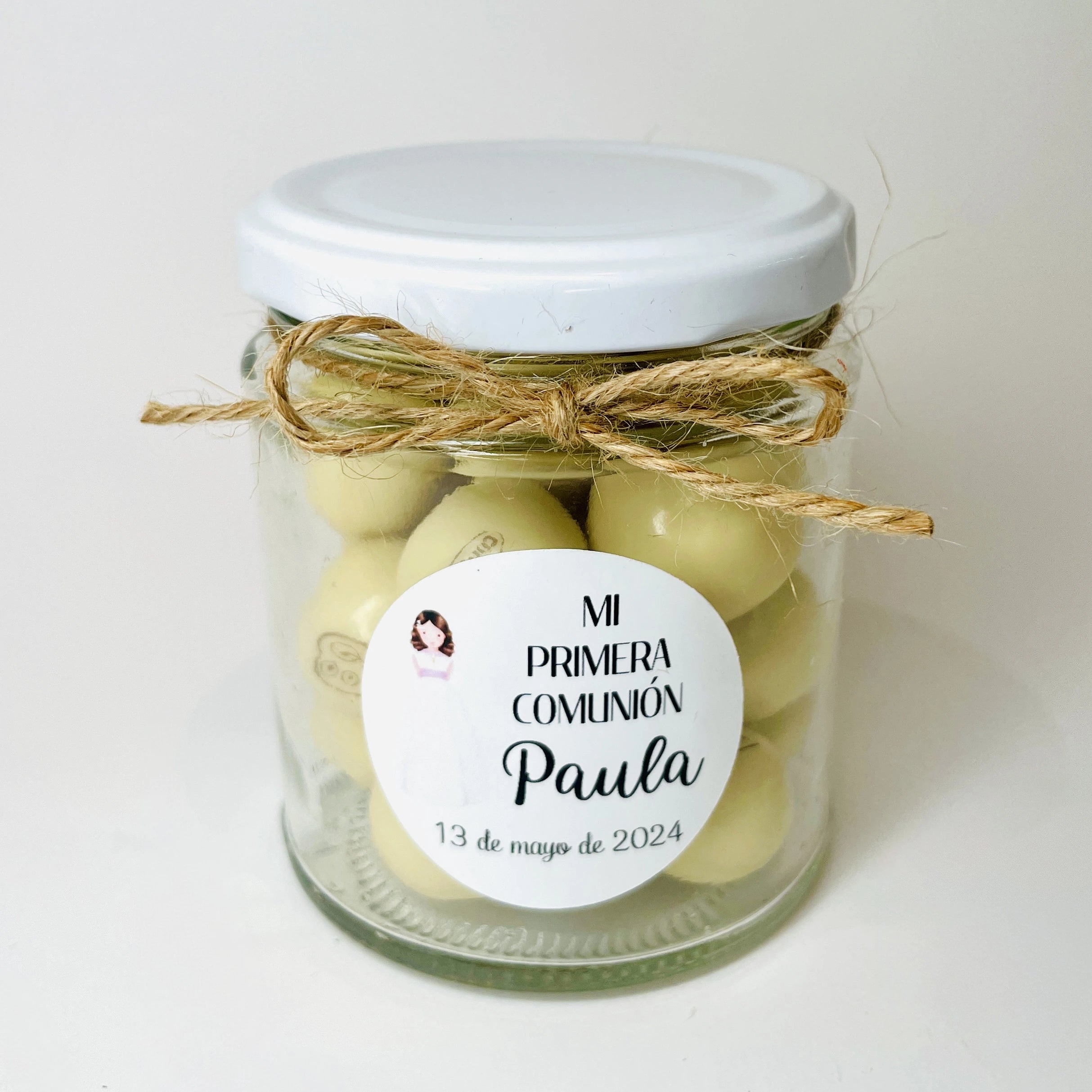 Bote De Bolas De Chocolate Blanco Personalizado Para Primera Comunión