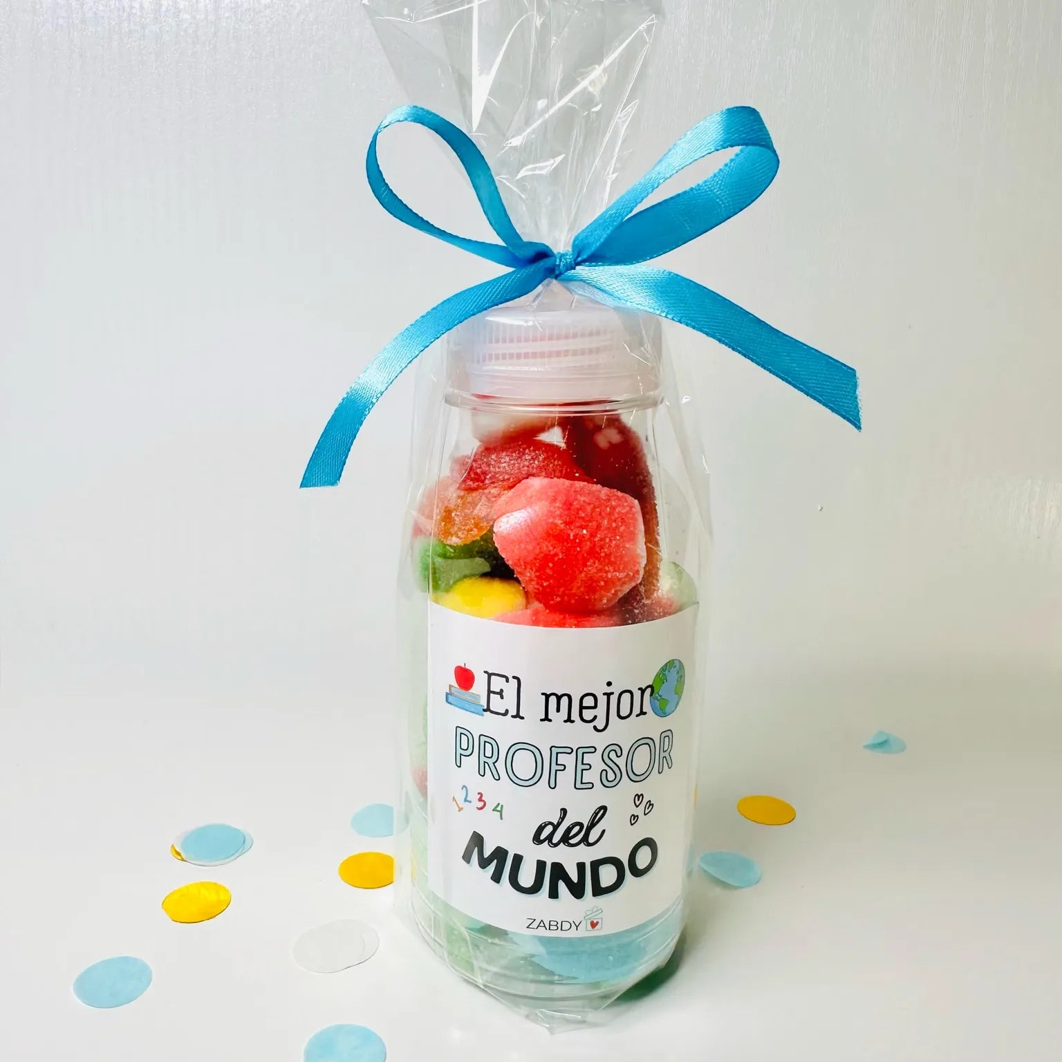 Botella de Gominolas y Nubes “El Mejor Profesor del Mundo” – Regalo dulce y especial para profes