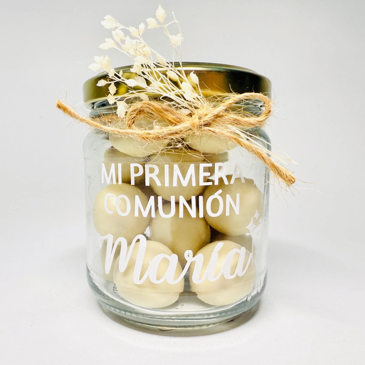 Bote De Bolas De Chocolate Blanco Personalizado Para Comunión