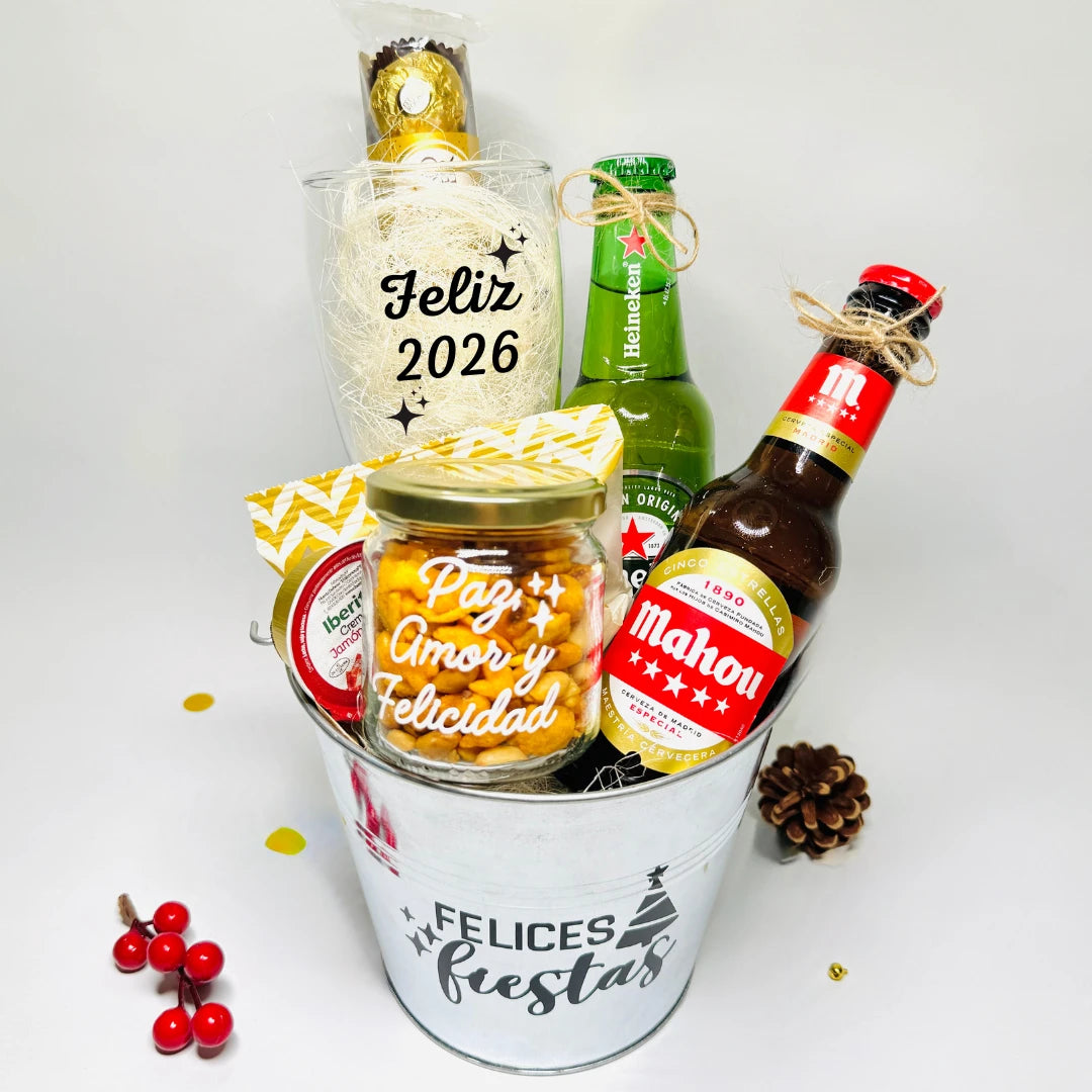 Cubo Navideño Gourmet con Cerveza – Regalo Festivo Premium