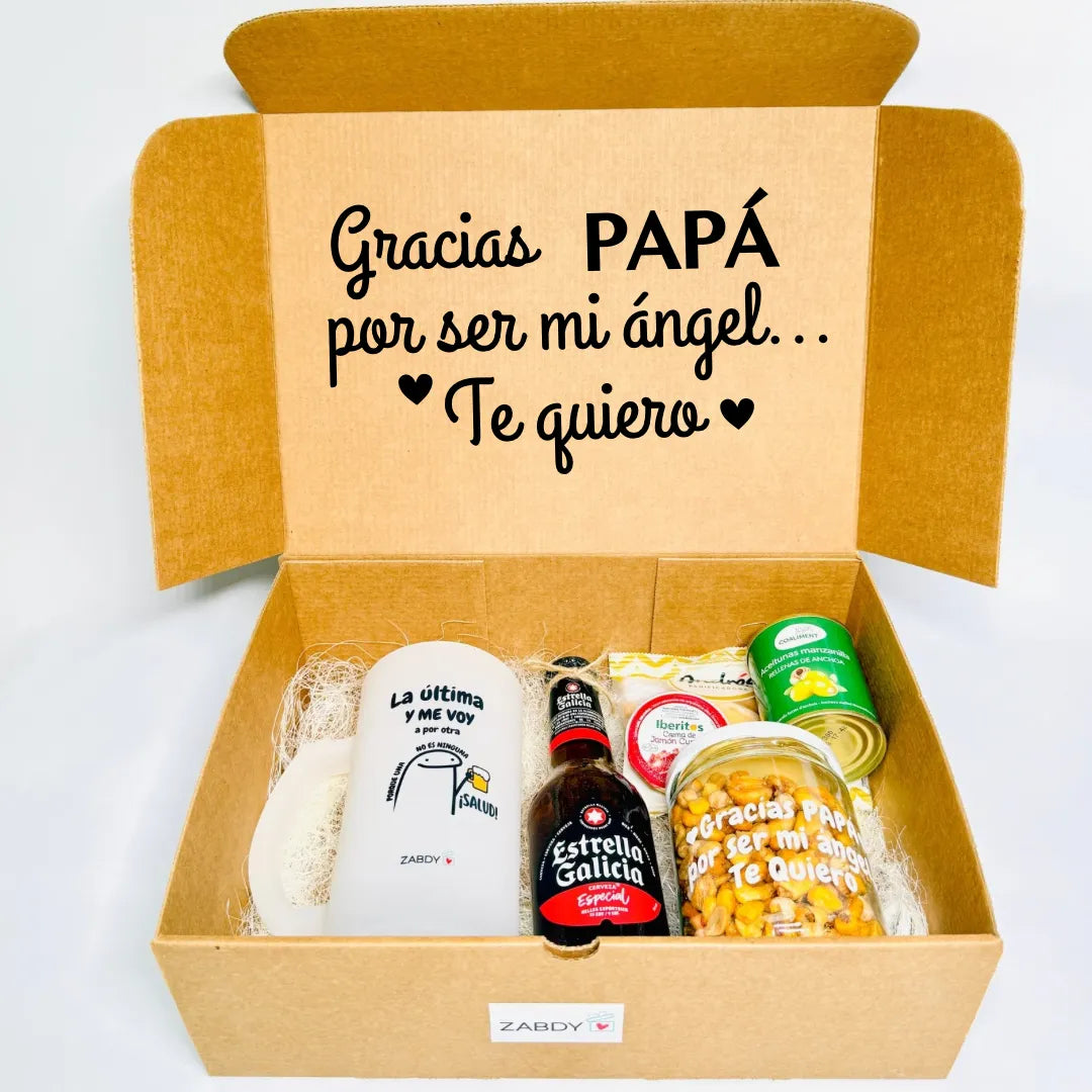 Caja regalo “Gracias papá por ser mi ángel” – Detalle original con cerveza y picoteo